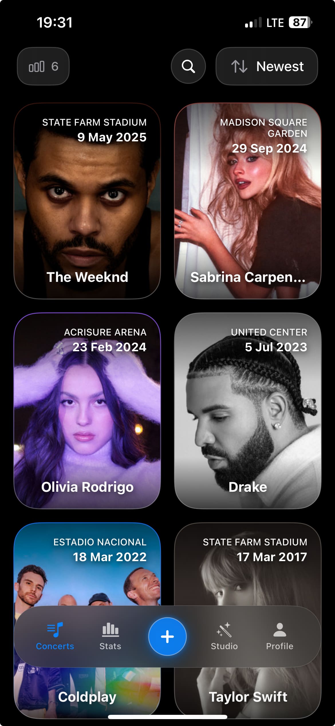 Encore app showing concerts from Taylor Swift at MetLife Stadium, Bad Bunny at Madison Square Garden, and Billie Eilish at Barclays Center with star ratings